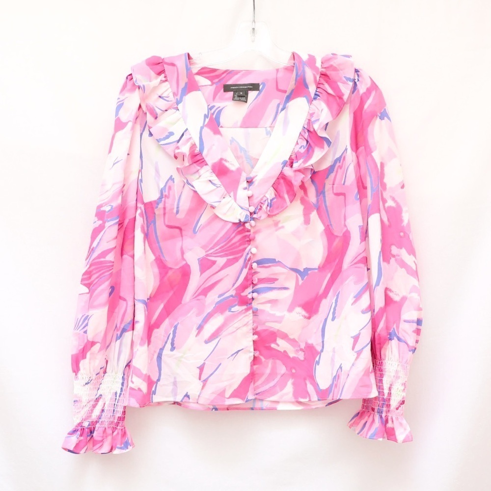 Nwot French Connection Pink Abstract Floral Print Blouse Ruffle Top S Feminine